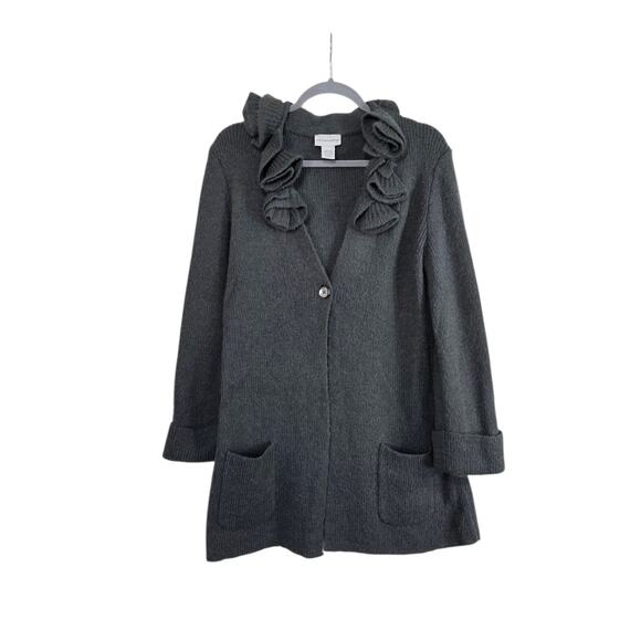 Soft Surroundings Alpaca Wool Blend Ruffle Collar Gray Cardigan, Women's Medium - Picture 1 of 15